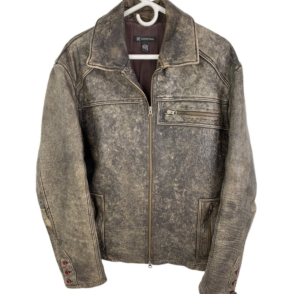 I.N.C. International Concepts Mens Large Distress Leather Jacket  Zip Pockets